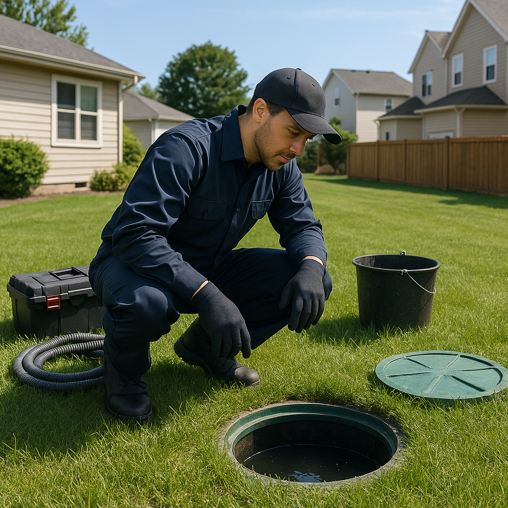 Septic technician inspecting system at a Cary home